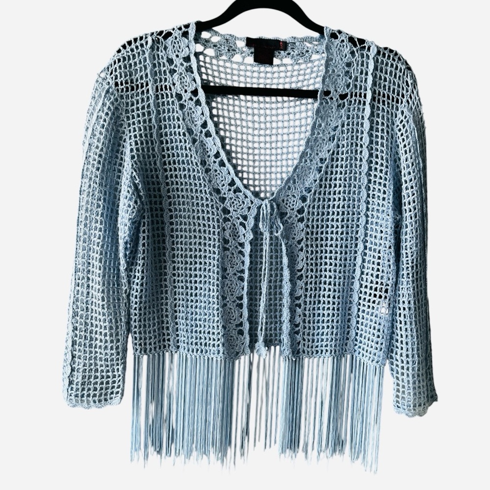Debbie Shuchat Blue Crochet Fringe Front Tie Ramie Cotton Summer Top Small - Picture 2 of 7